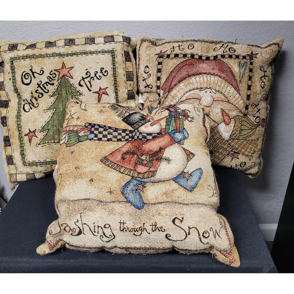 3 Christmas Pillows Pat Yuille Designs Snowman, Santa, Christmas Tree - Read